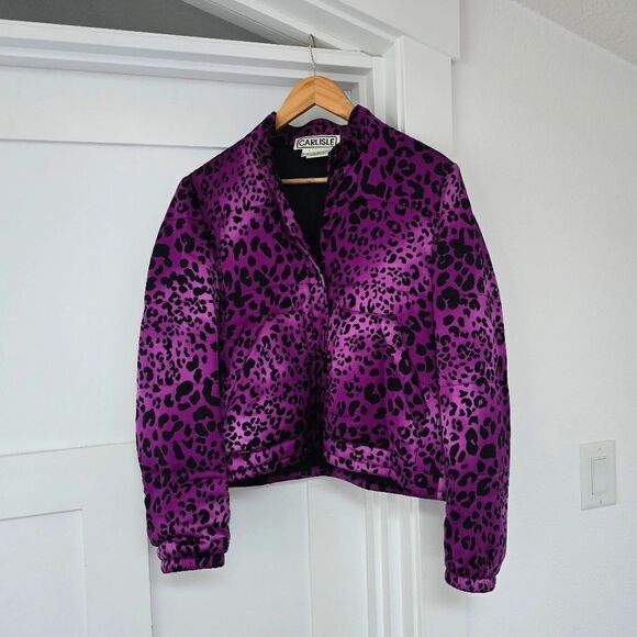 Carlisle Collection Silk Stand Collar Jacket in Fushica Pink Leopard Print - Picture 2 of 12
